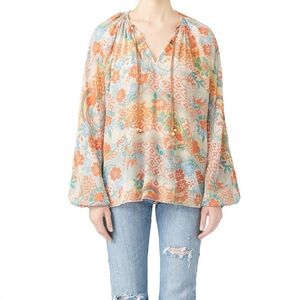 Elizabeth and James Chance Silk Multicolor Orange and Blue Floral Print  Blouse